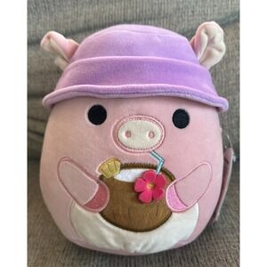 8 Inch Peter Pig Squishmallow with Purple Hat and Coconut Drink Plush Toy NEW